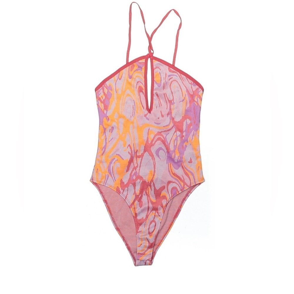 Zara Retro Swirl Halter Bodysuit NWT Pink Orange Jacquard Keyhole Size S - Picture 2 of 6